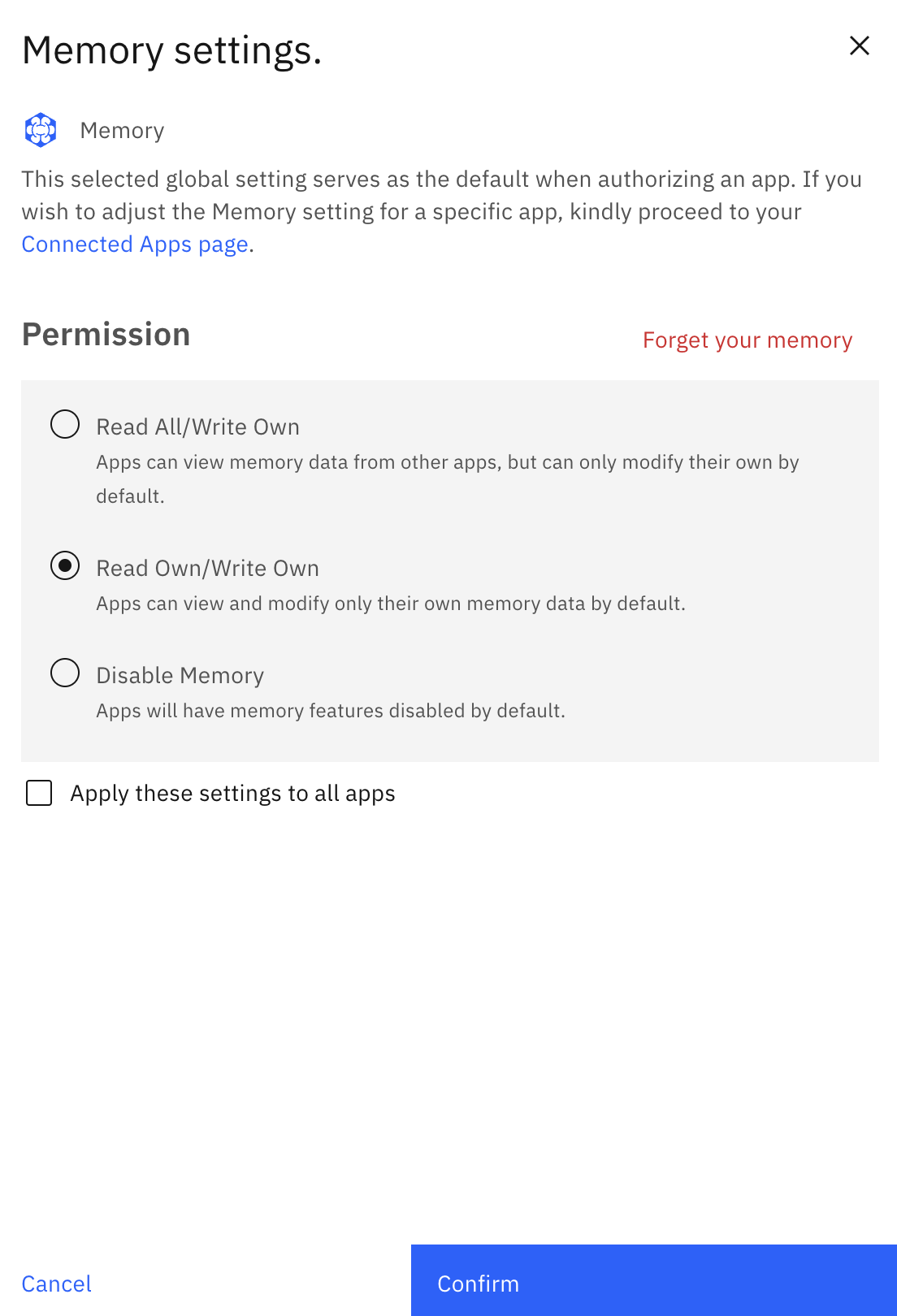 memory settings panel