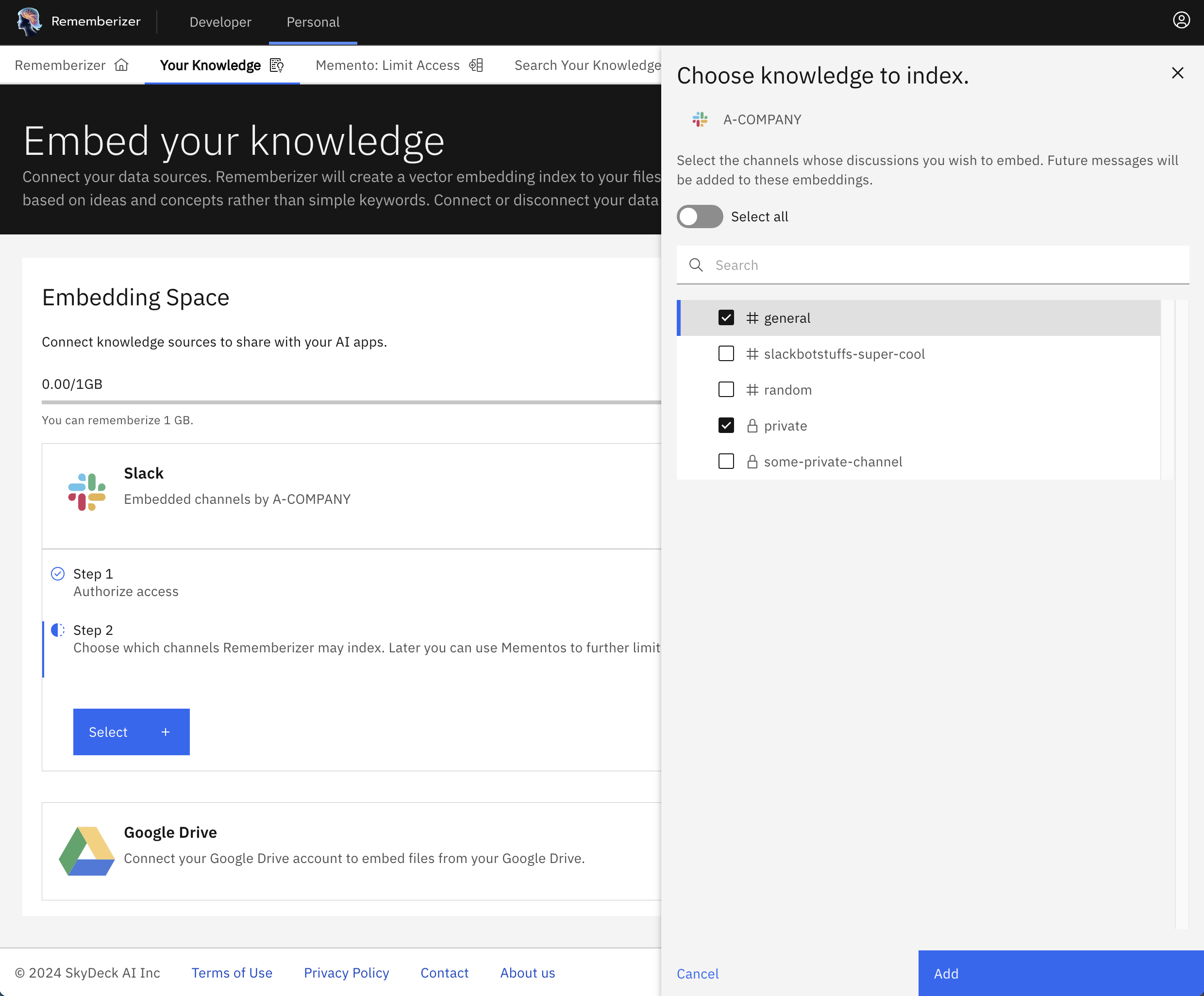 지식으로 포함할 채널 선택