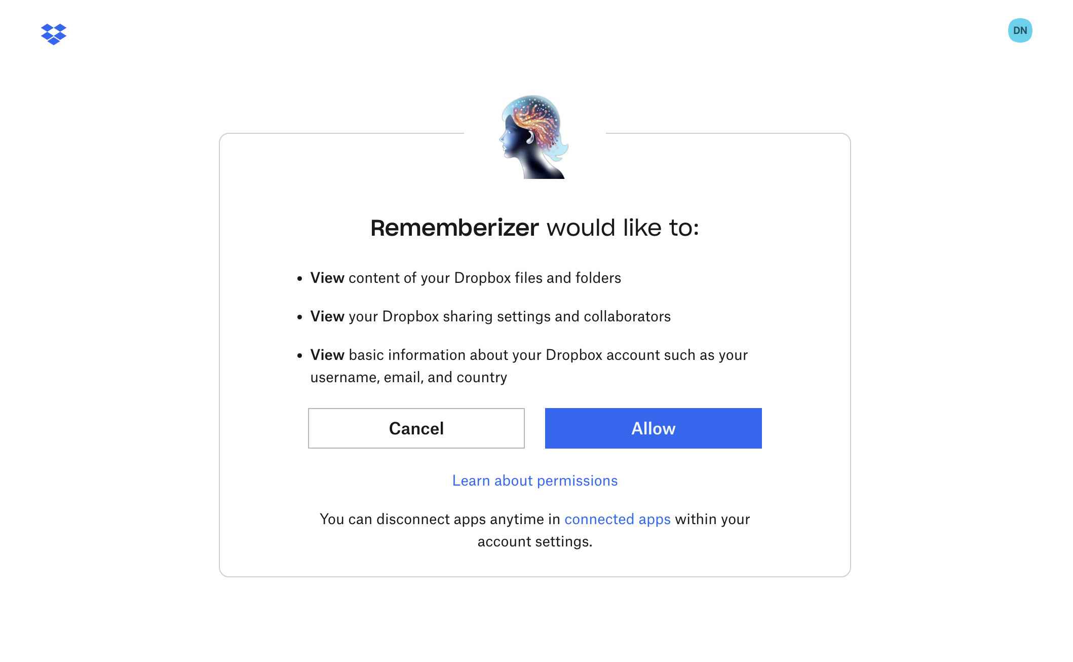 Dropbox OAuth 인증 화면