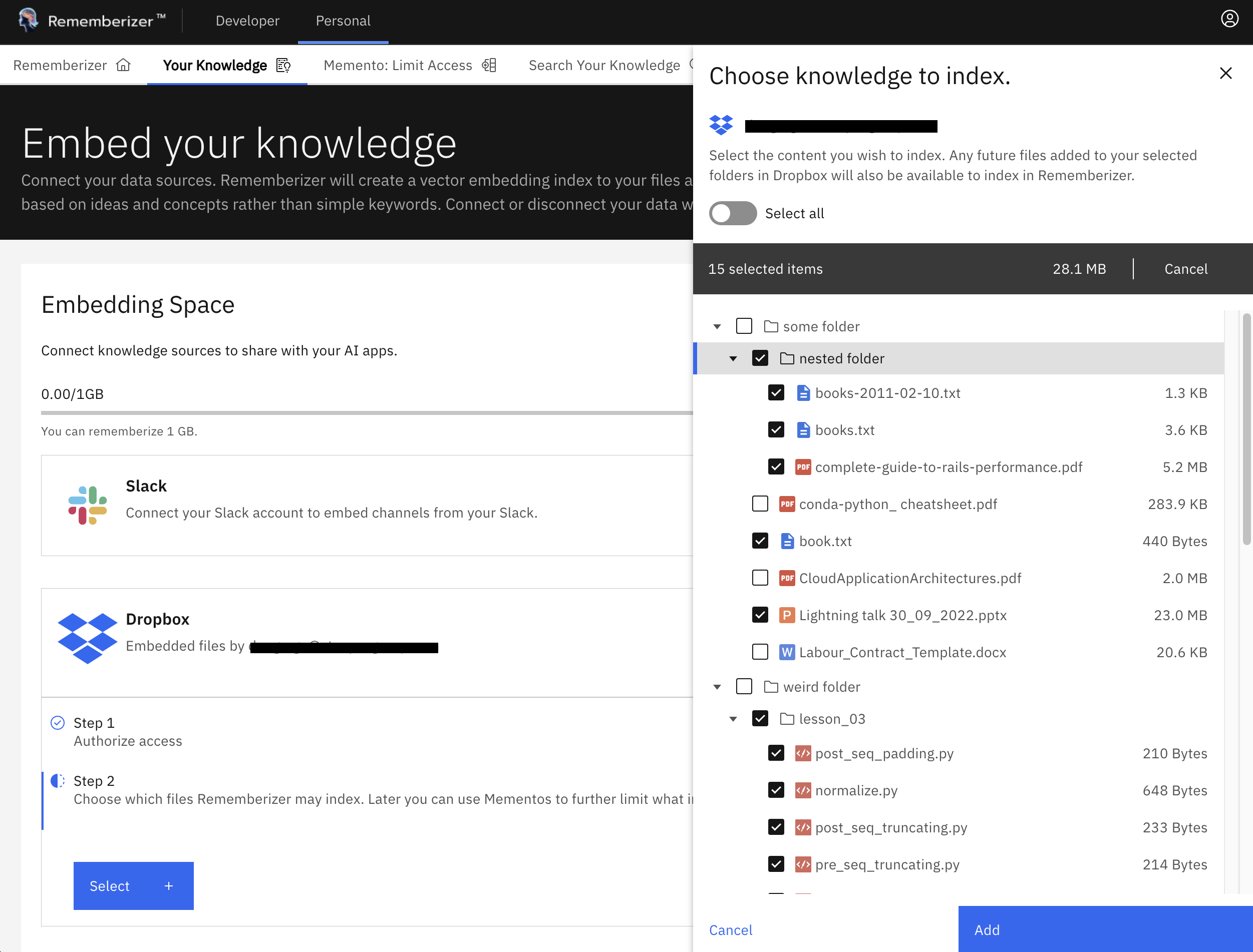 Dropbox 파일 선택 패널