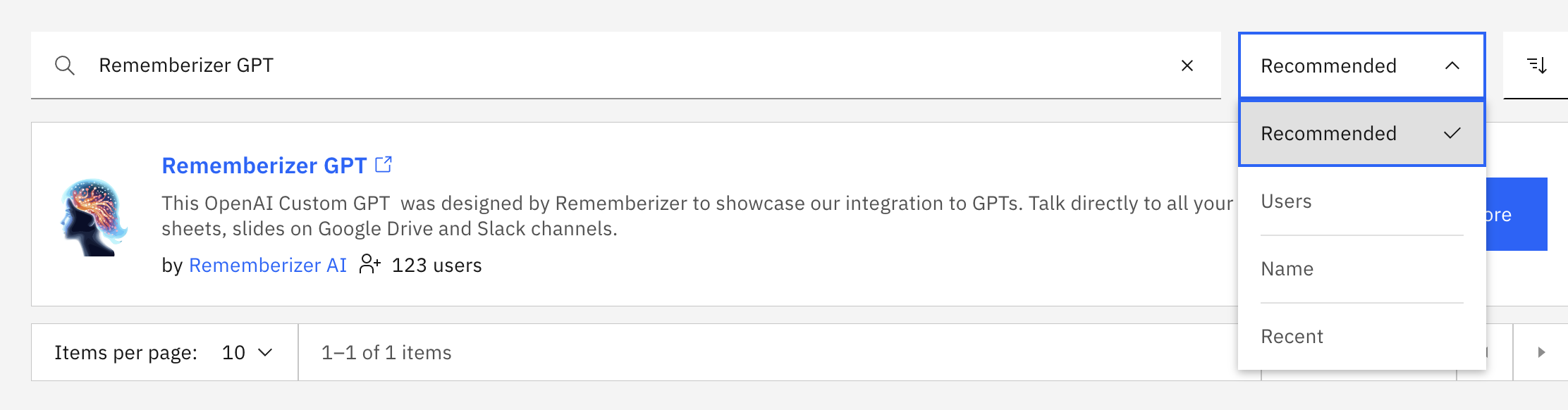 필터 및 정렬 순서 버튼이 있는 검색 바